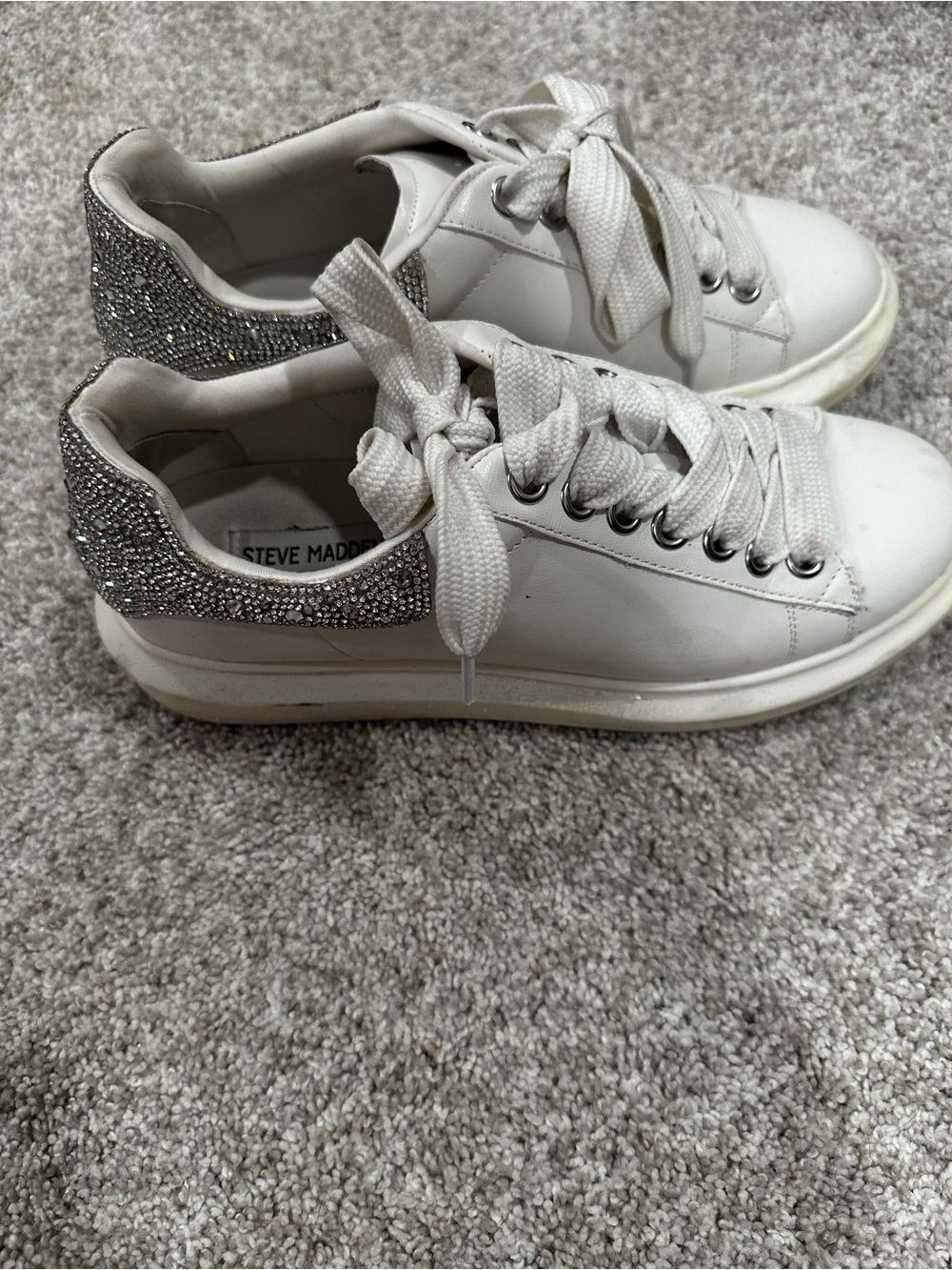 Steve Madden White Sneakers with Silver Crystal Heel Accent